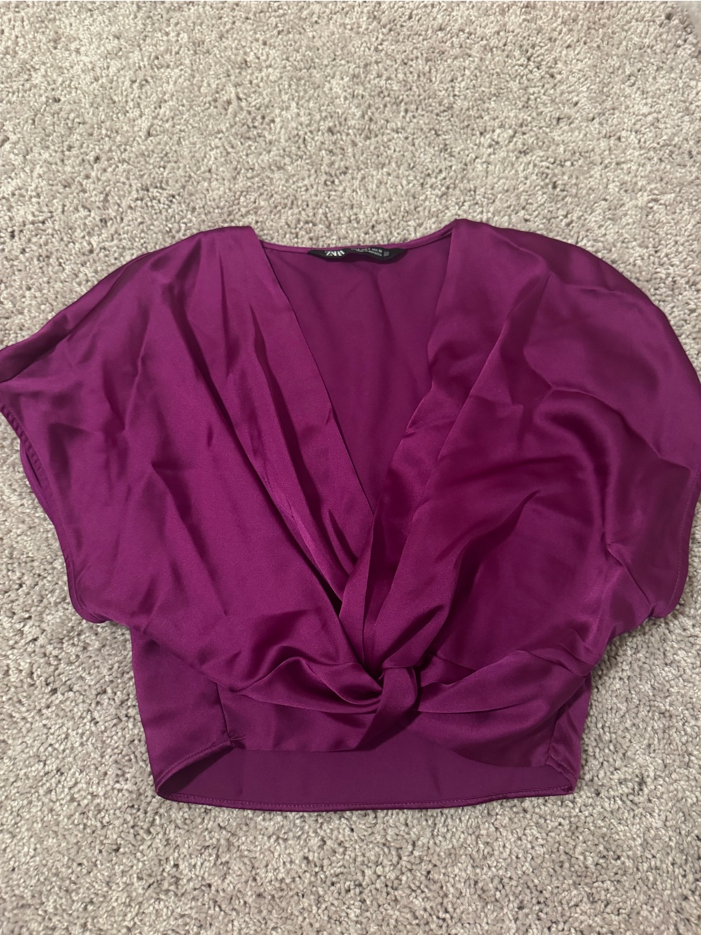 Zara Magenta Twist-Front Satin Crop Top